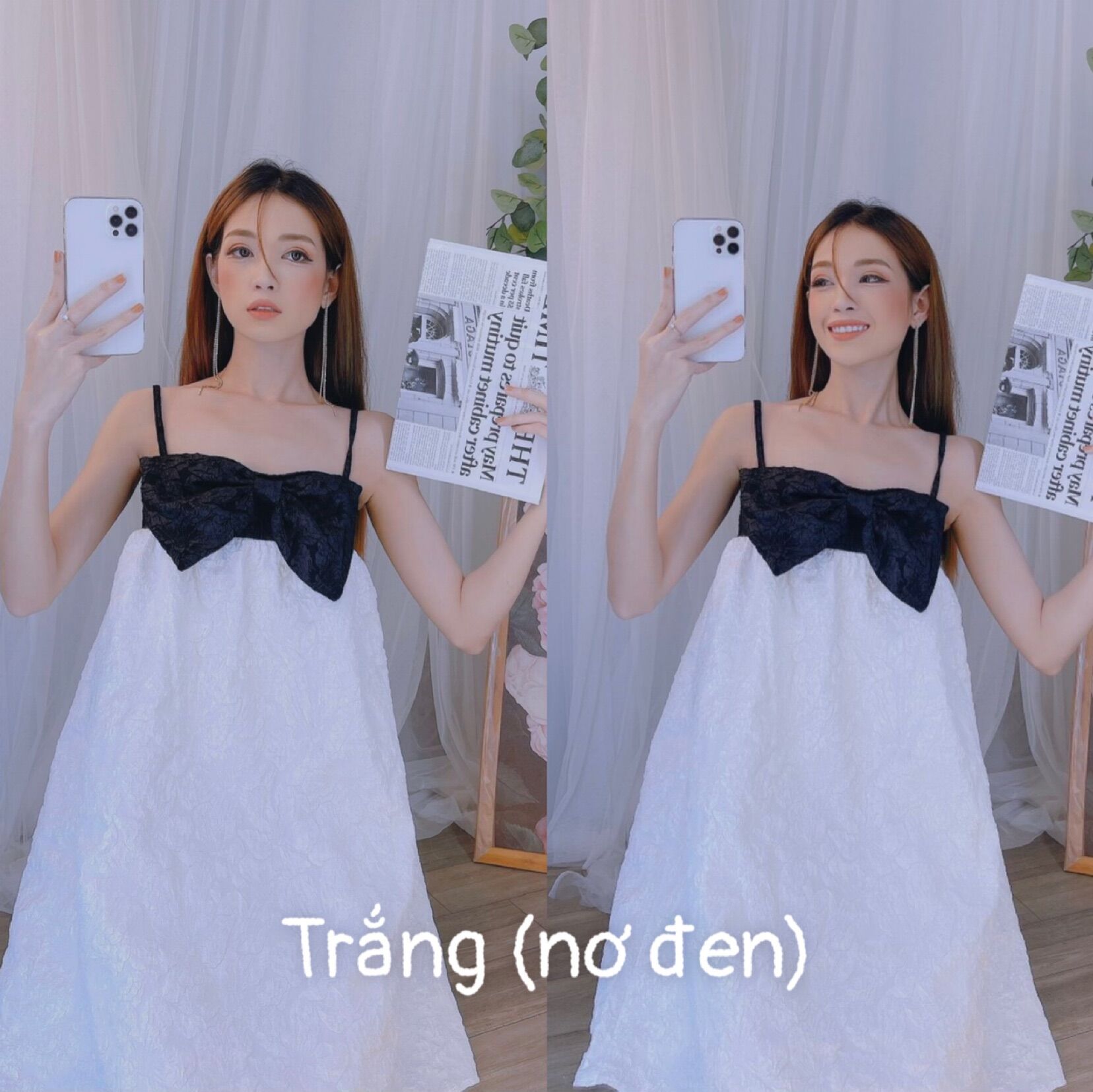 Đầm hai dây phối nơ chất gấm hoa cao cấp siêu hot