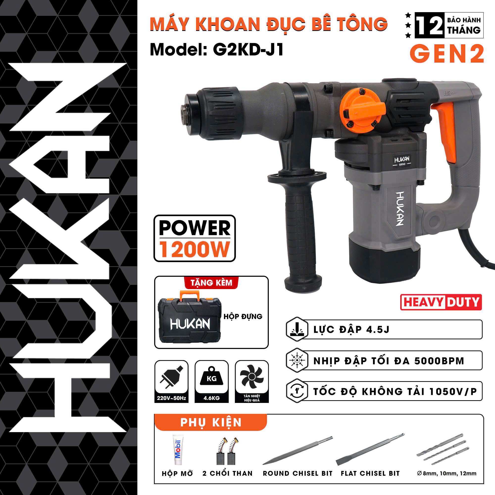 Máy Khoan Đục Hukan J1 Công Suất 1200W 2 Chức Năng Tặng Kèm Mũi Đục Và Mũi Khoan