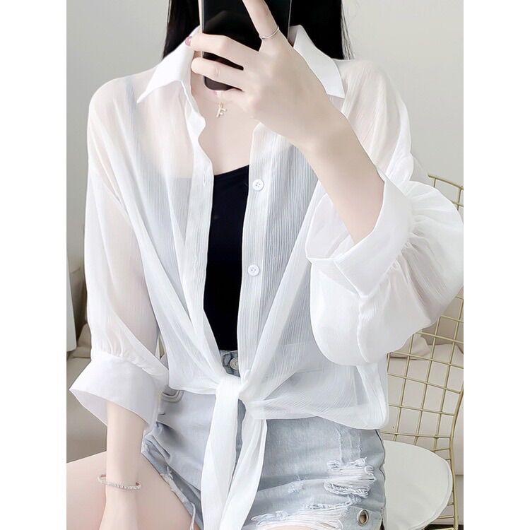 Set Sơ mi voan cột bụng + 2 dây