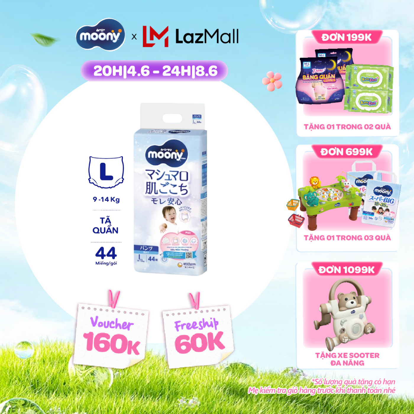 [QUÀ TẶNG HẤP DẪN TỪ 9-10.6] Tã quần cao cấp Moony Bé Trai L44 miếng - Nhập khẩu từ Nhật Bản