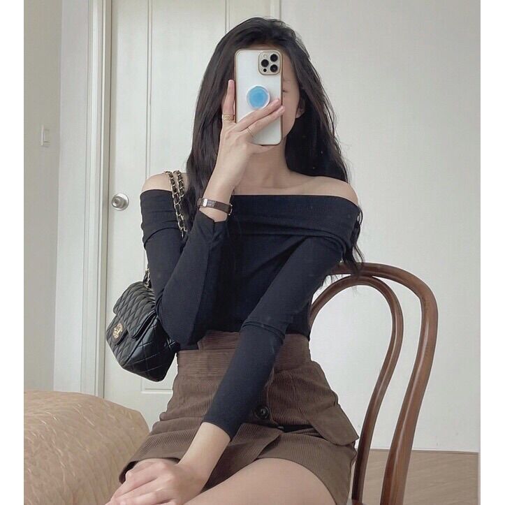Áo len tăm trễ vai sang chảnh(Ảnh thật)