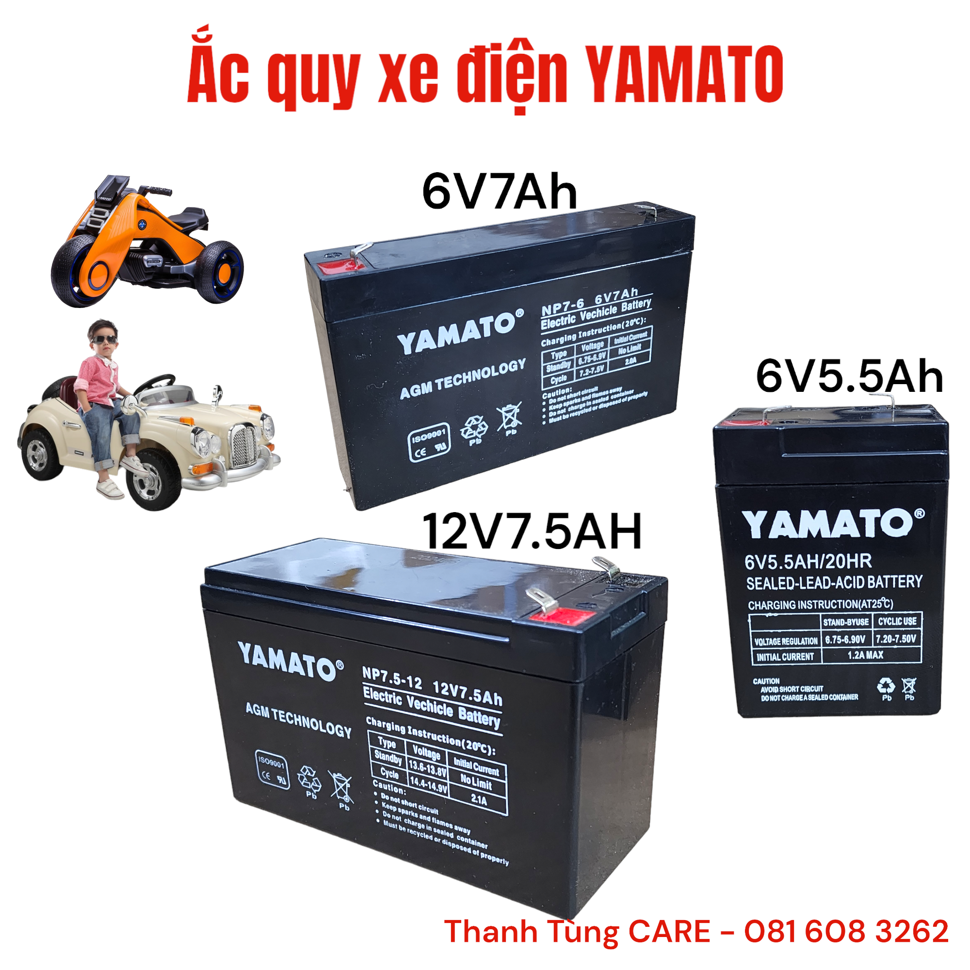 Ắc quy xe điện trẻ em YAMATO 6V5.5ah, 6V7Ah, 12V7.5Ah chính hãng | Pin loa kẹo kéo, bình phun thuốc sâu, cân điện tử Dòng xả cao, xe chạy nhanh
