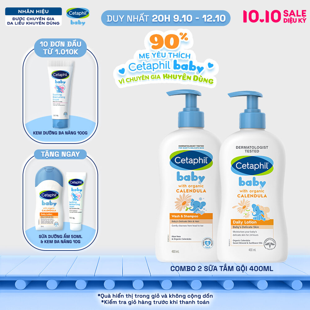 Combo Sữa tắm gội Cetaphil Baby W&S with Organic Calendula 400ml + Sữa dưỡng thể Cetaphil Baby with Organic Calendula 400ml