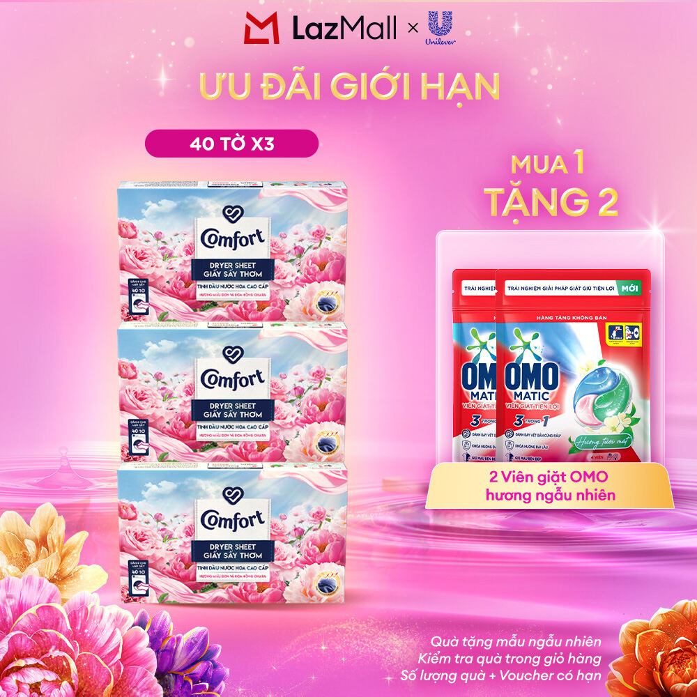 Combo 3 Hộp Giấy Thơm Comfort Hương Mẫu Đơn Và Hoa Hồng Ohara 40 tờ/hộp, Dành Cho Máy Sấy Quần Áo, T