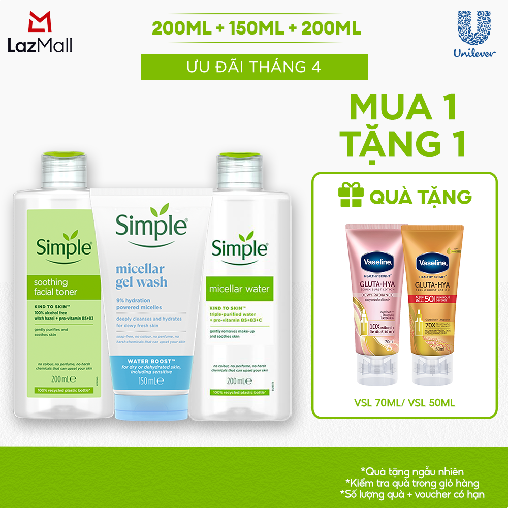 Combo Simple Nước Tẩy Trang 200ml + Sữa Rửa Mặt 150ml + Nước Hoa Hồng 200ml cho mọi loại da
