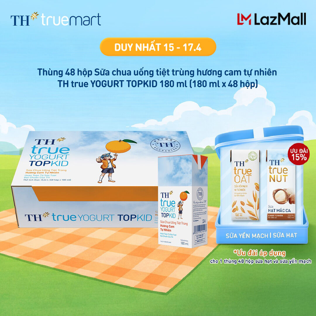 Thùng 48 hộp sữa chua uống tiệt trùng TH true YOGURT TOPKID hương cam tự nhiên 180 ml (180 ml x 48)