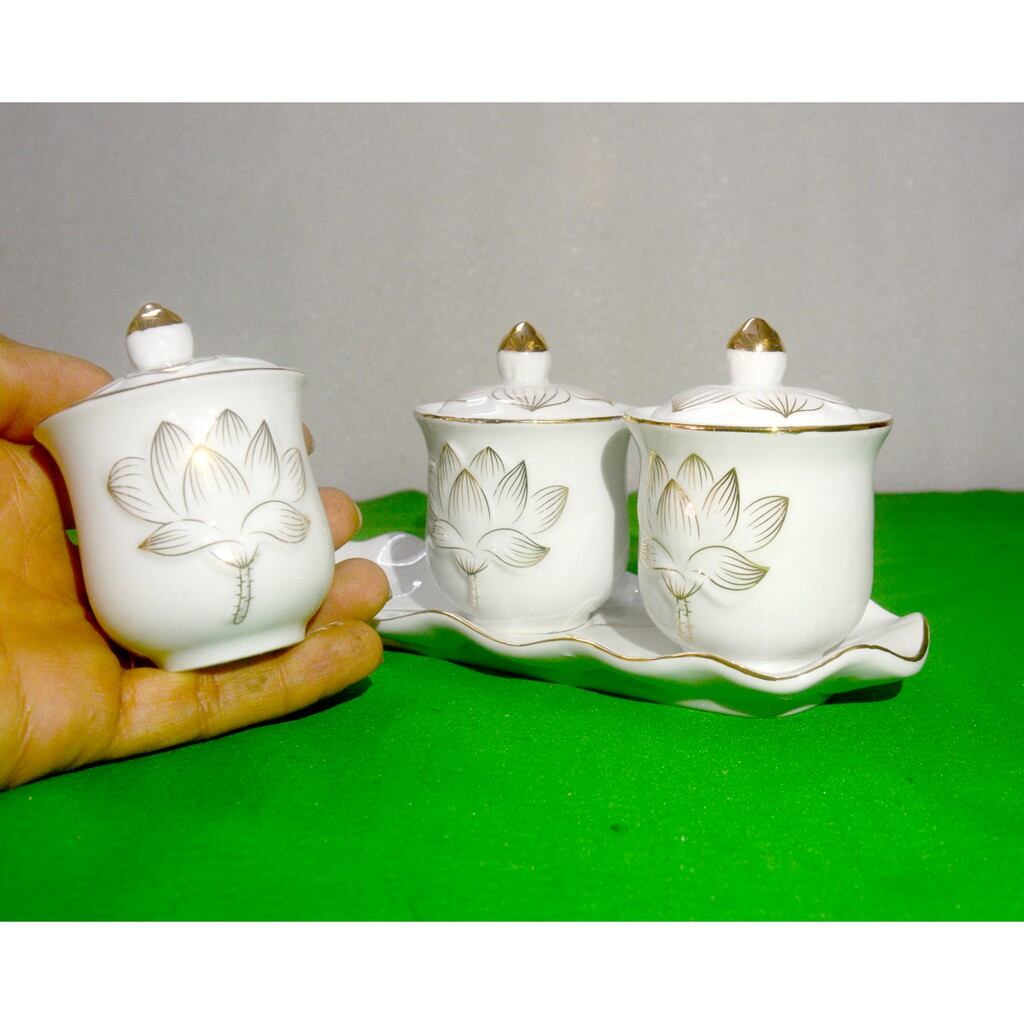 ĐỒ THỜ CÚNG - BỘ 3 LY CHUNG HOA SEN TRẮNG CAO CẤP