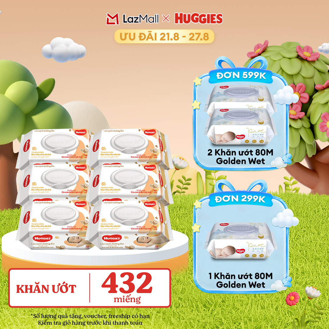[17-24.08 GIẢM THÊM 90K] Combo 6 gói Khăn giấy ướt cho trẻ sơ sinh HUGGIES (Gói 72 tờ)-Chiết xuất Cao cao  Bơ hạt mỡ