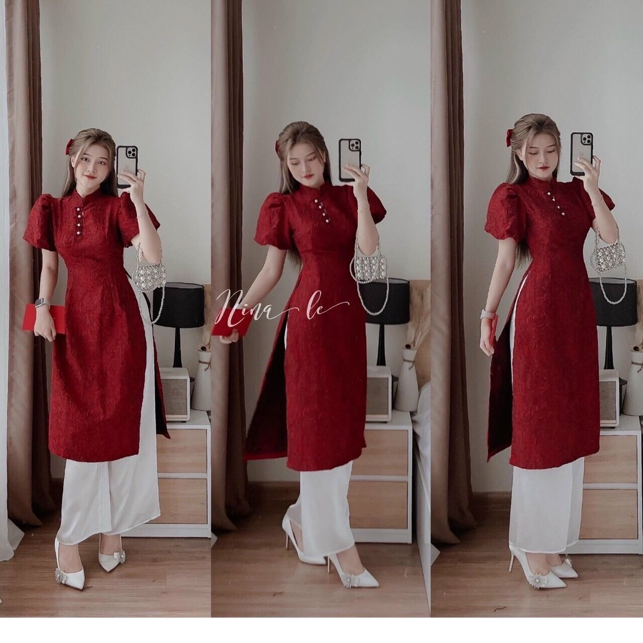 (SHOP TÁO ĐỎ BIGSIZE 50KG ĐẾN 90KG) set áo dài cách tân GẤM tay phồng