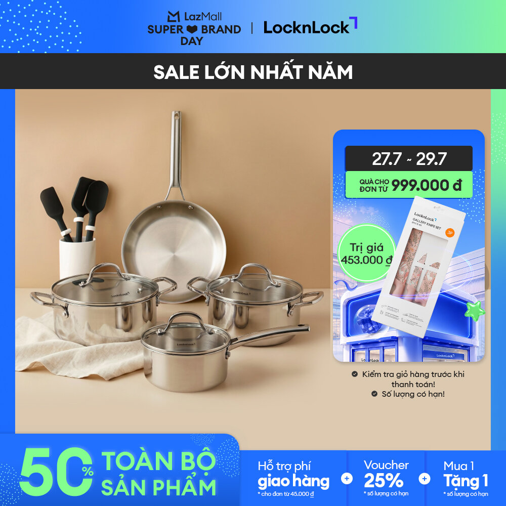 Bộ 4 Nồi Chảo Inox LocknLock Eleve thép không gỉ SUS304 tay cầm đúc nguyên khối đường kính 16/20/24cm