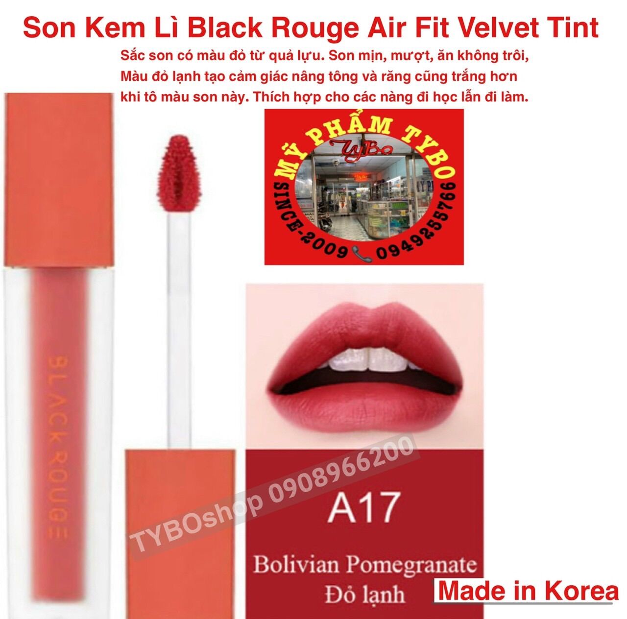 Son Kem Lì Black Rouge Air Fit Velvet Tint A17 Bolivian Pomegranate /1 cây