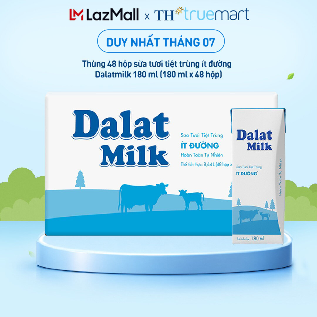 Thùng 48 hộp sữa tươi tiệt trùng Dalatmilk ít đường 180 ml (180 ml x 48)