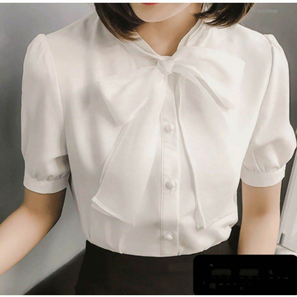 áo sơmi thắt nơ cổ ngắn tay