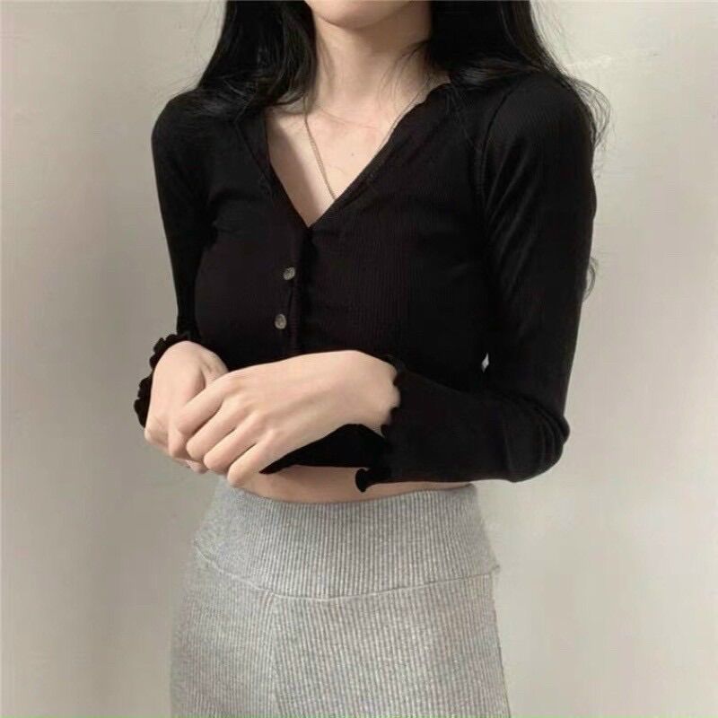 Áo kiểu croptop thun gân tay dài viền bèo