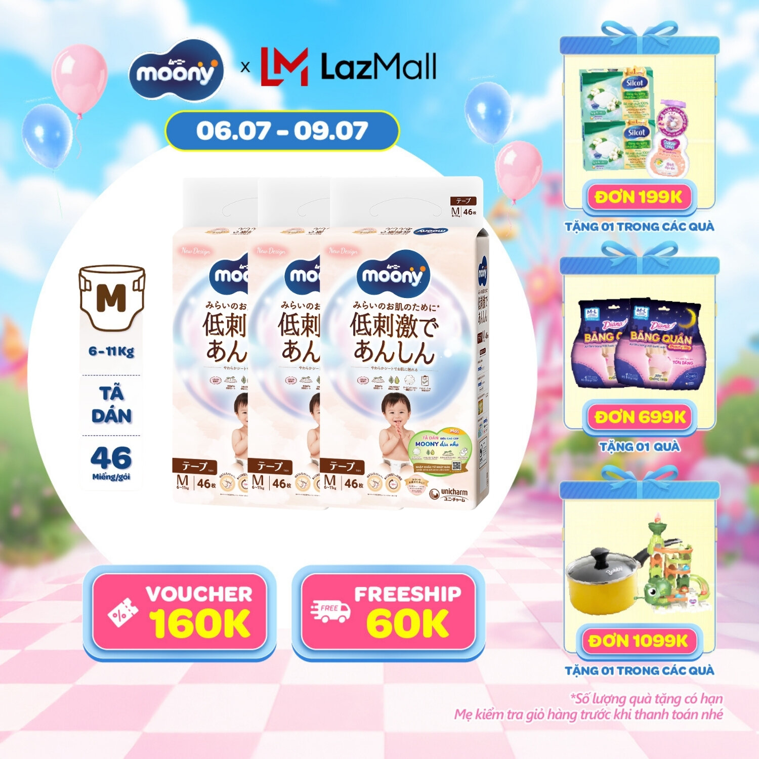 [SALE CUỐI THÁNG QUÀ SLCH] Combo 3 tã dán Moony Dịu Nhẹ siêu cao cấp M46 miếng - Nhập khẩu từ Nhật Bản