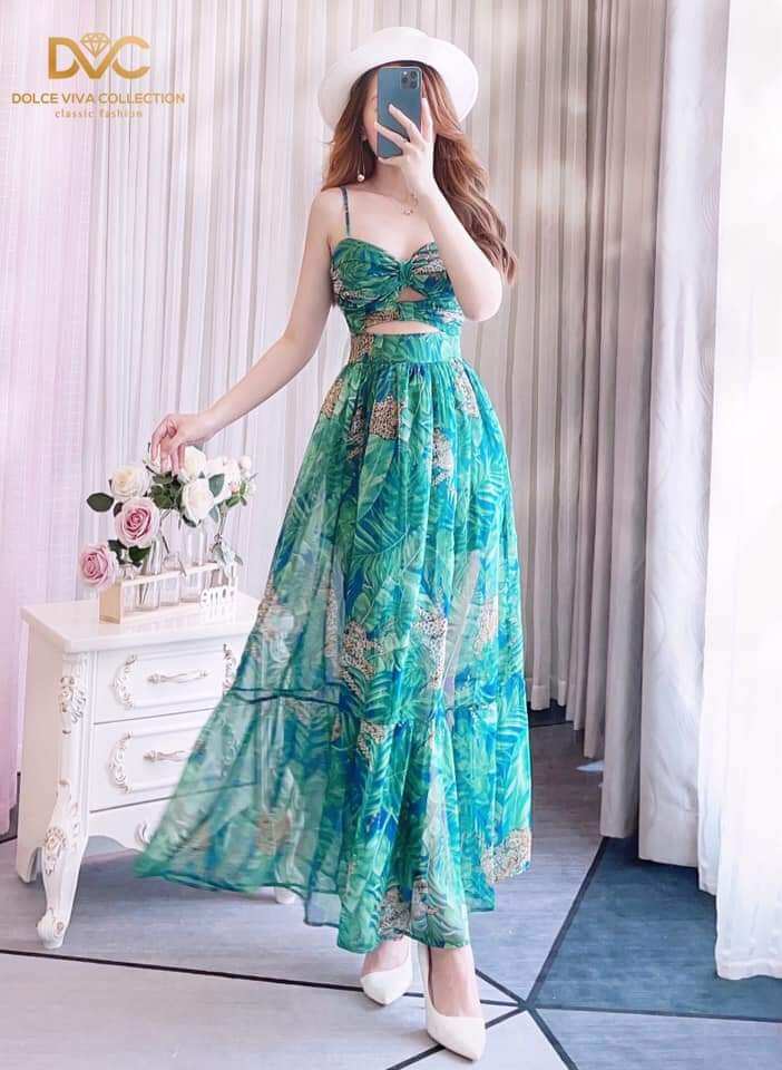 đầm maxi đi biển cực xinh 2 màu 42 _ 52kg mặc vừa. voan có lót. có mút ngực