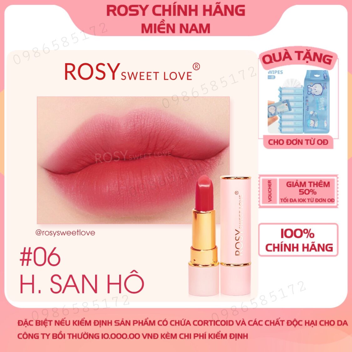 Son Màu Hồng San Hô, Son sáp lì ,Son Không Chì, Son Rosy, Son lâu trôi, dưỡng mềm mịn môi, chất son nhẹ