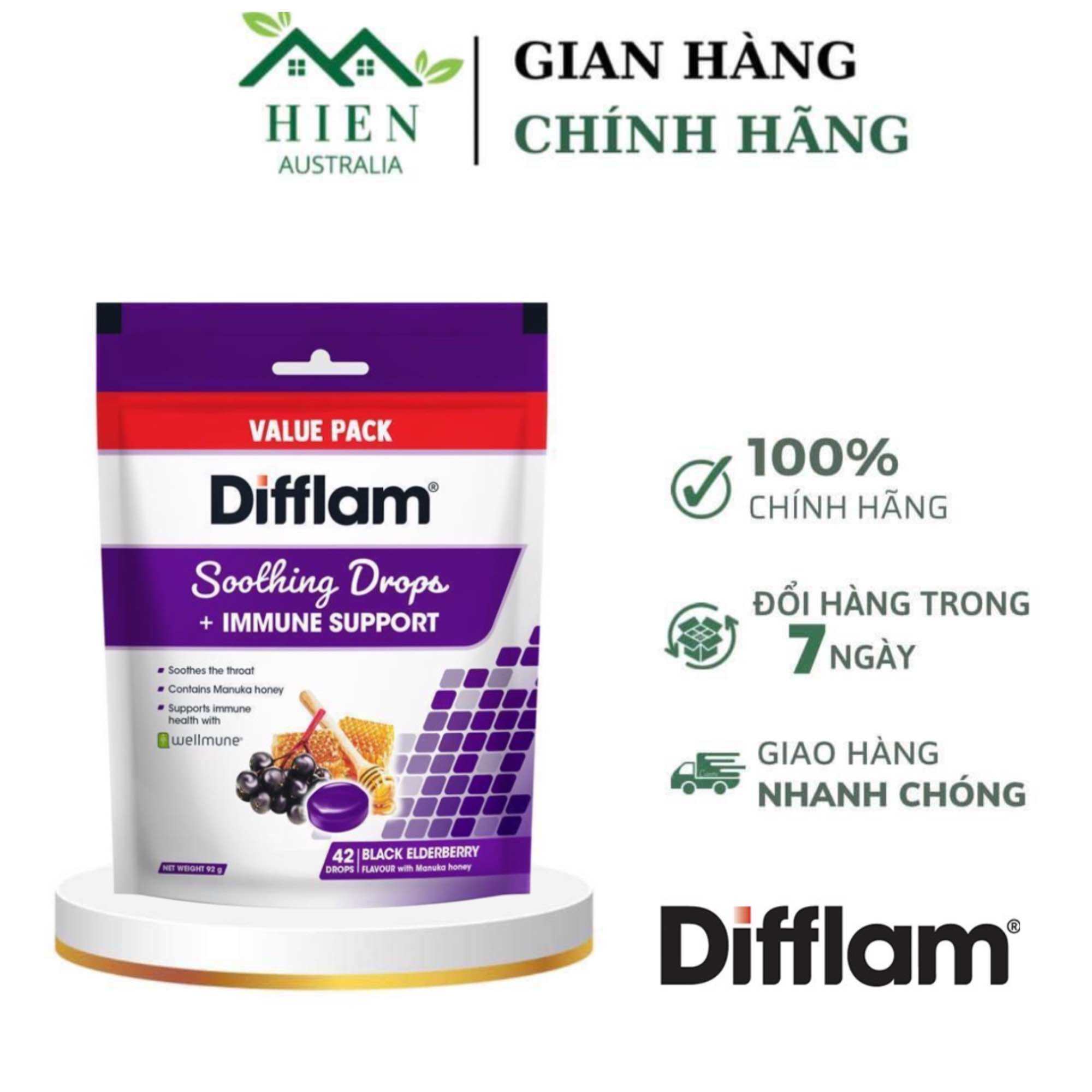 Kẹo Ngậm Difflam Soothing Drop + Immune Support Black Elderberry Flavour With Manuka Honey