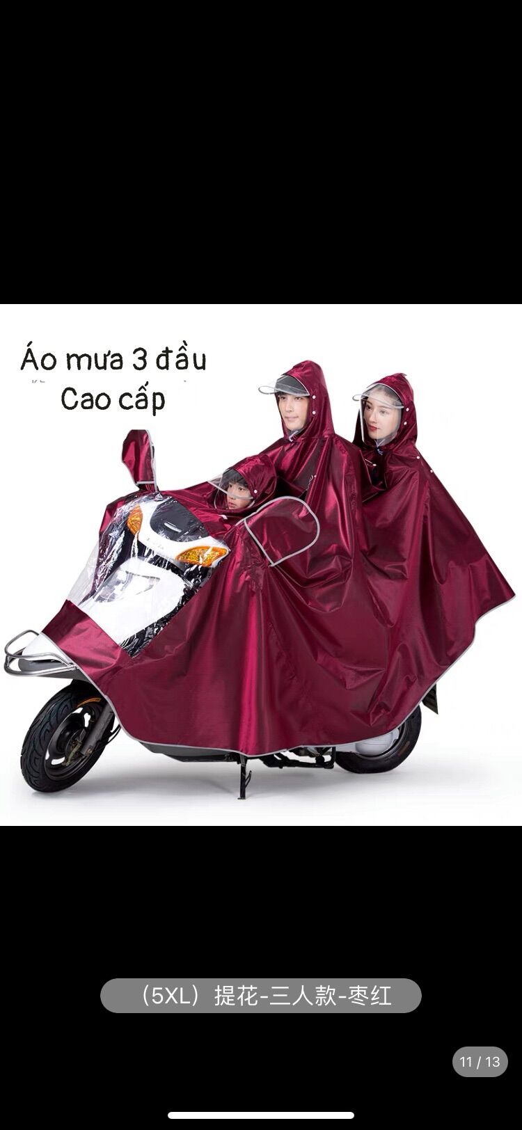 Áo mưa đi 3 đầu( người) kèm mũ kính hàng nội dịa TRung ( màu ngẫu nhiên đỏ táu tầu, xanh dương)