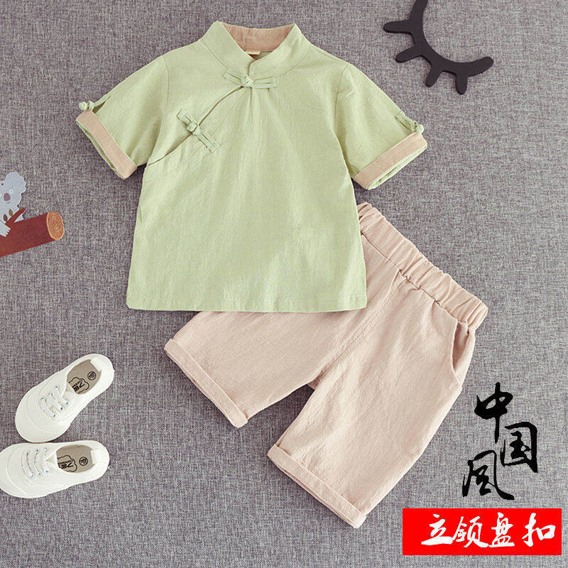 Trang phục trẻ em trang phục hán phục mùa hè trang phục thời đường tay ngắn cho bé trai quần short bé gái phong cách cổ xưa mùa hè trang phục cổ phong cách trung quốc cotton lanh
