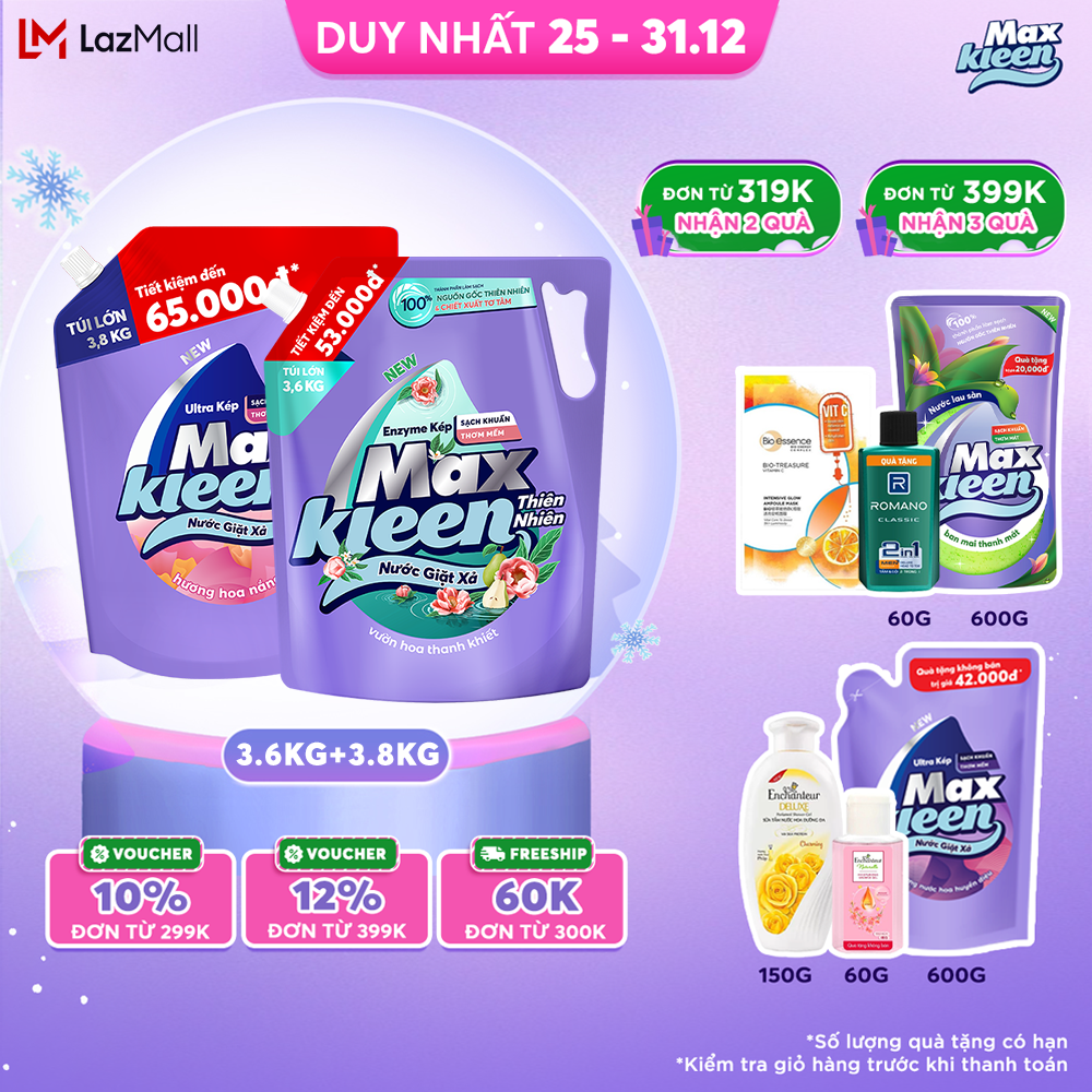 Combo Túi Nước Giặt Xả MaxKleen Thiên Nhiên 3.6kg & Túi 3.8kg