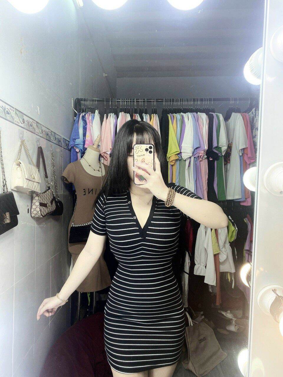 Đầm body kẻ ôm có cổ ảnh thật