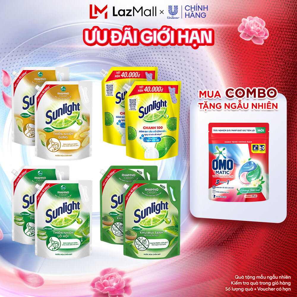 COMBO 2 Nước rửa chén Sunlight Thiên Nhiên Túi 3.3kg & Chanh Túi 3.5kg | Công nghệ Rhamno Clean | Đánh bay dầu mỡ ngay cả trên đồ nhựa