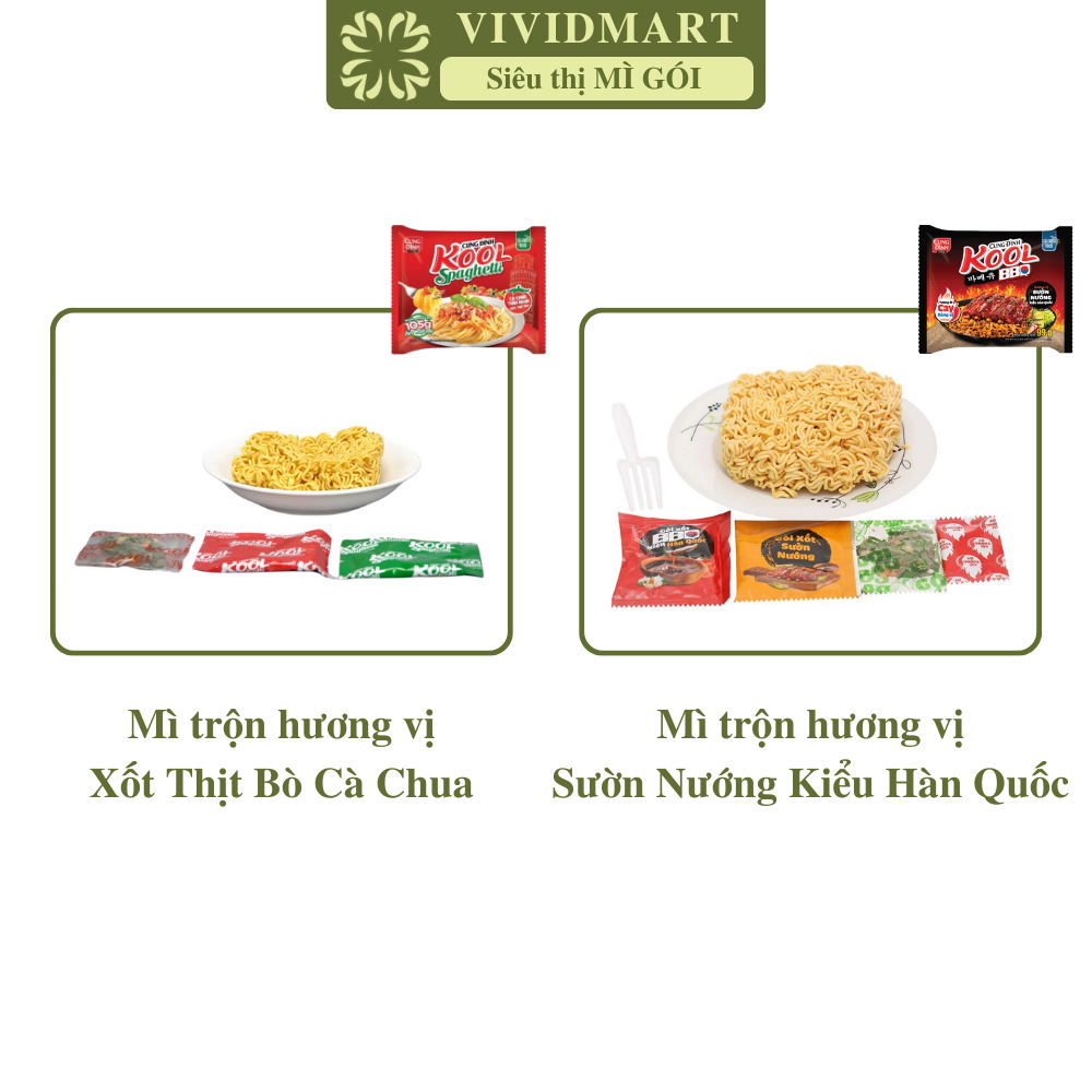 [1 PACKAGE] - AFOTECH - CUNG DINH KOOL INSTANT NOODLES WITH 3 FLAVOURS: SPAGHETTI WITH BEEF TOMATO SAUCE, KOREAN-STYLE BBQ GRILLED RIBS, SINGAPORED-STYLE SHRIMP & SALTED EGGS (90-105G/PACKAGE)