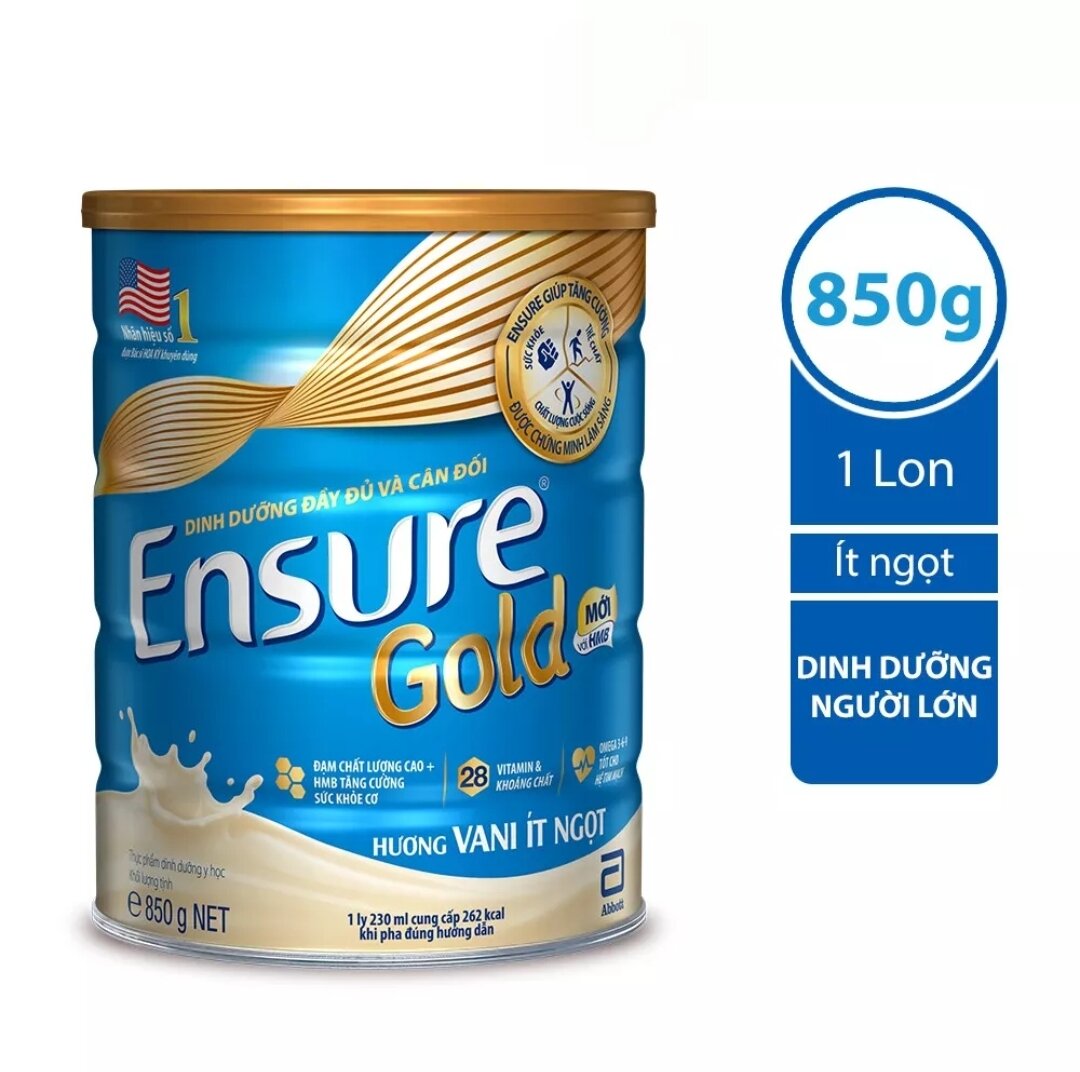 Sữa Ensure Gold 850g Hương Vani Ít Ngọt [Date Mới]