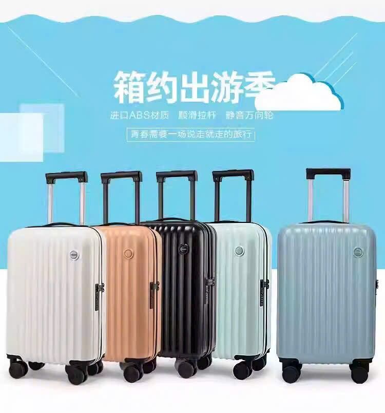 Vali du lịch ABS màu trắng, vàng đồng, đen, xanh nhạt và xanh dương với tay cầm kéo và bánh xe xoay 360 độ.