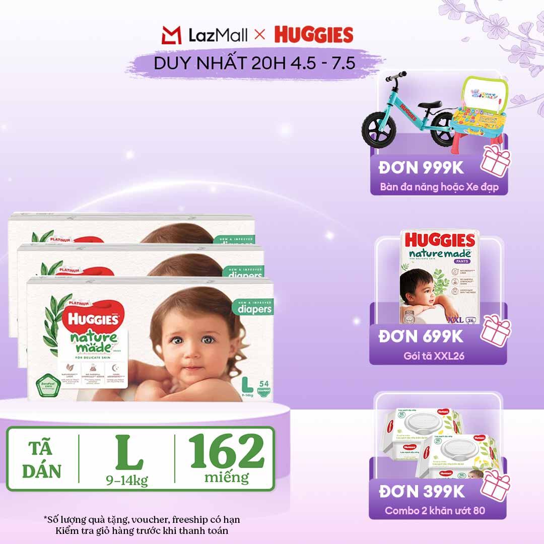 [CHỈ 20h 04-07.05 QUÀ TẶNG ĐƠN 399K](Mua 1 tặng 1) Combo 3 Tã/Bỉm dán HUGGIES PLATINUM NatureMade L54 (9-14kg)-Gói Jumbo 54 miếng