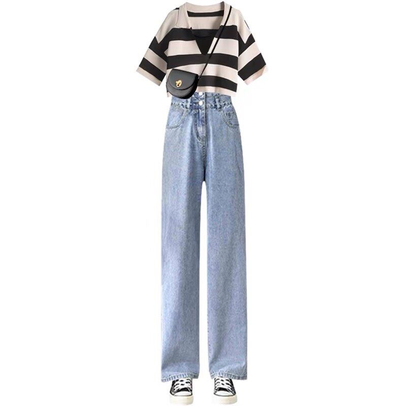 Set Baggy Jeans 2 Nút Ống Suông + Set 2món cổ bẻ sọc