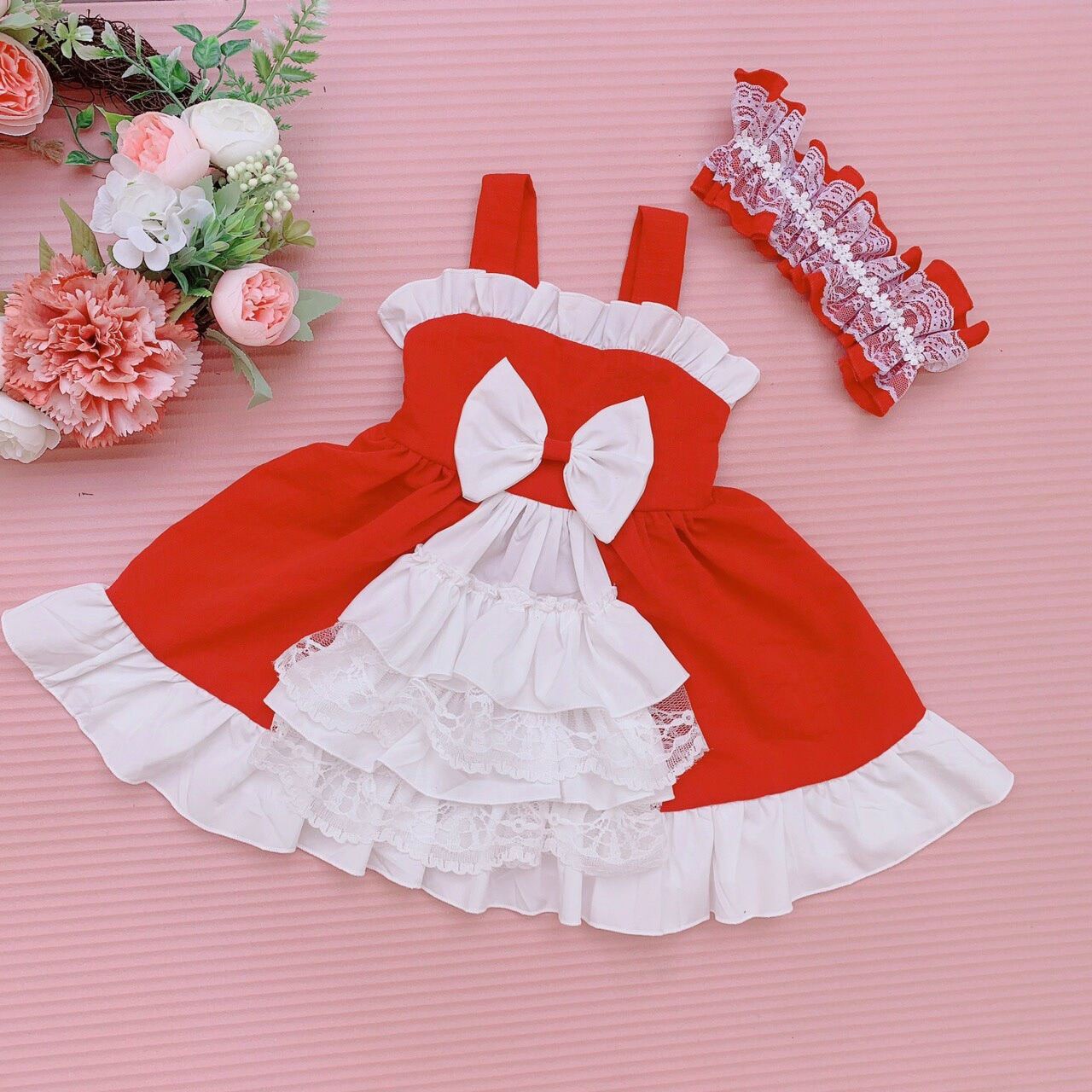 Order] YAS0634-Váy Lolita op cộc tay đỏ kèm phụ kiện cổ | Shopee Việt Nam
