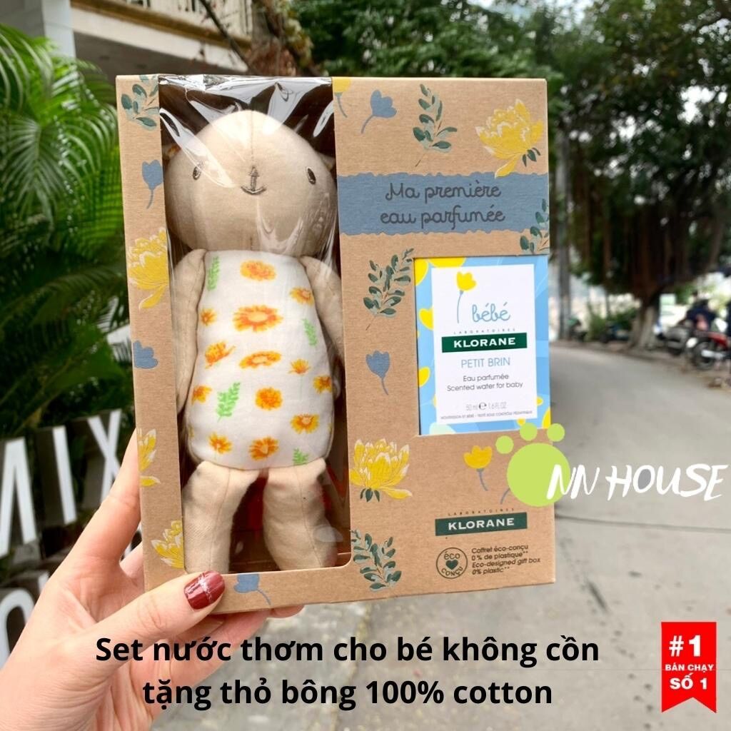 Set quà tặng nước hoa cho bé Klorane bebe 50ml Pháp kèm thỏ bông cotton cho từ trẻ sơ sinh, set dầu thơm tặng gấu bông - quà tặng cho bé - NN House
