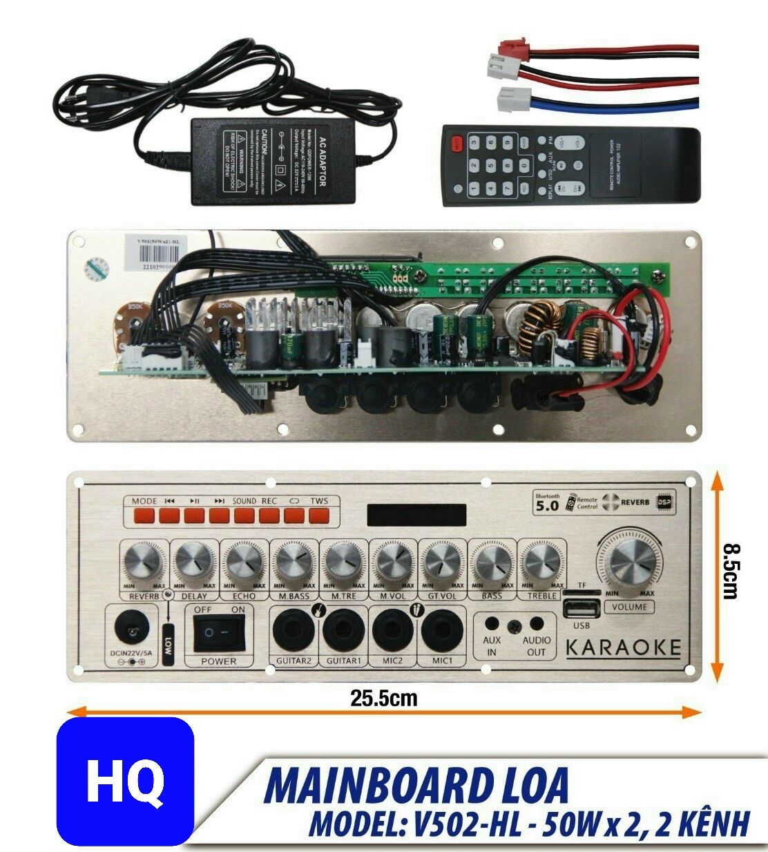 Mạch loa kéo v502 hl 50w + 50w, 2 kênh, có reverb