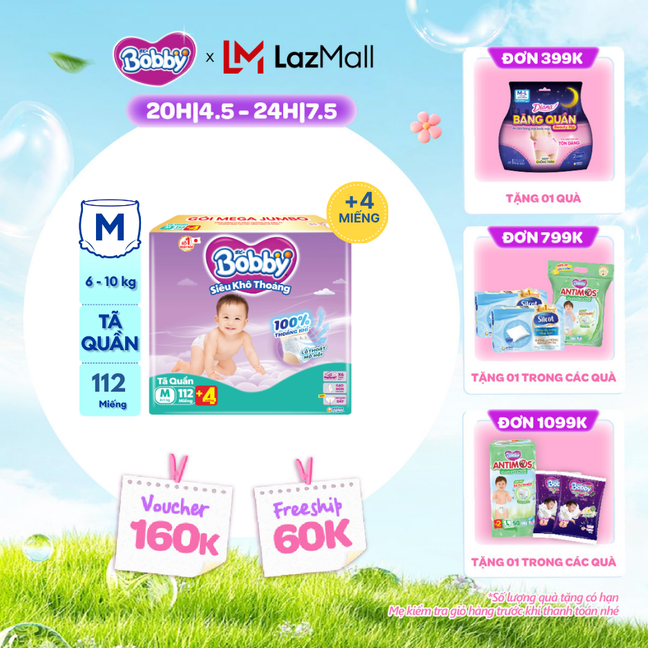 [CHỈ 20h 04-07.05 QT Đơn 899K/1199K][TẶNG MIẾNG NGẪU NHIÊN] Tã quần Bobby Siêu Khô Thoáng - 100% Thoáng Khí Mega Jumbo  M112 (số miếng tặng thay đổi theo từng đợt nhập hàng)