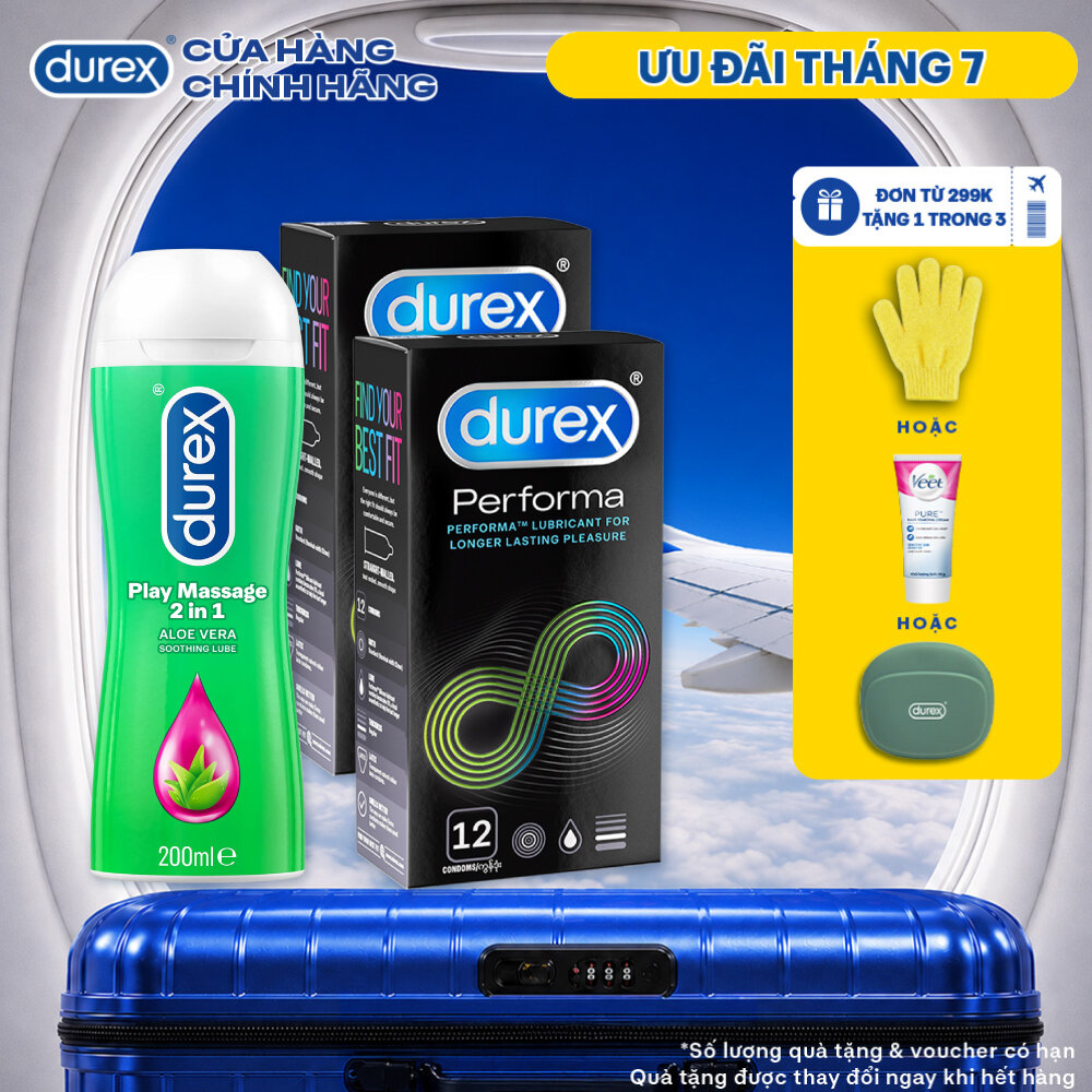 Bộ 2 hộp bao cao su Durex Performa kéo dài thời gian (size 52mm, 12 bao/hộp) và 1 chai gel bôi trơn Durex Massage 2n1 200ml