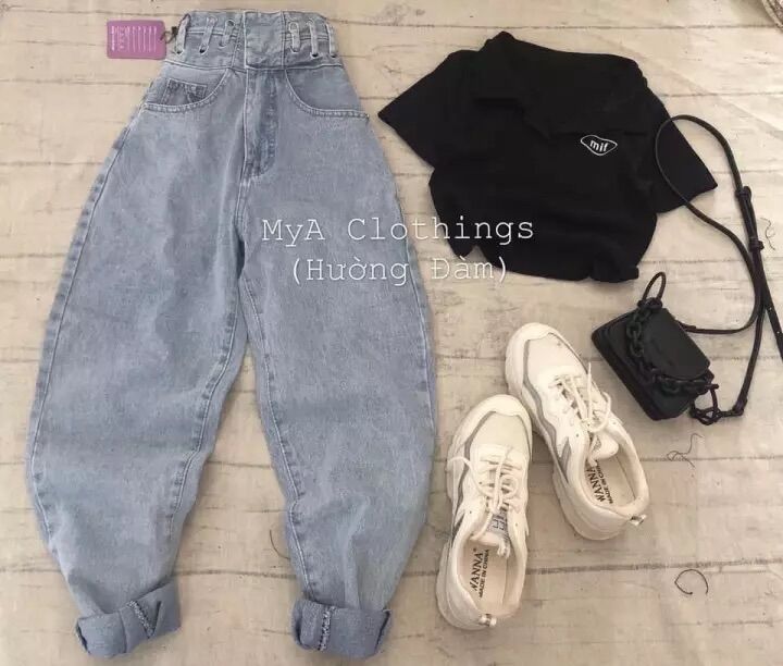 Baggy jeans lưng cao xỏ dây + crop petter logo đen