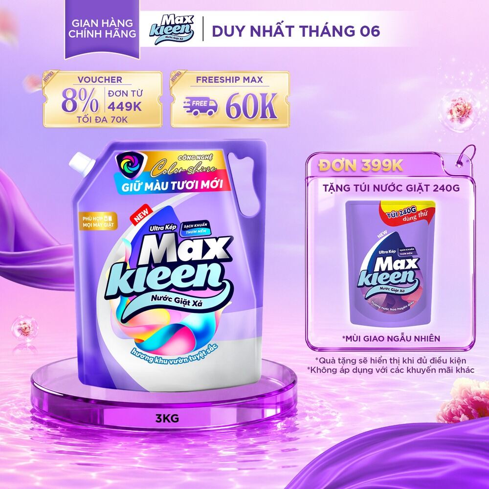 Túi Nước Giặt Xả MaxKleen Giữ Màu Tươi Mới Hương Khu Vườn Tuyệt Sắc 3kg/Túi