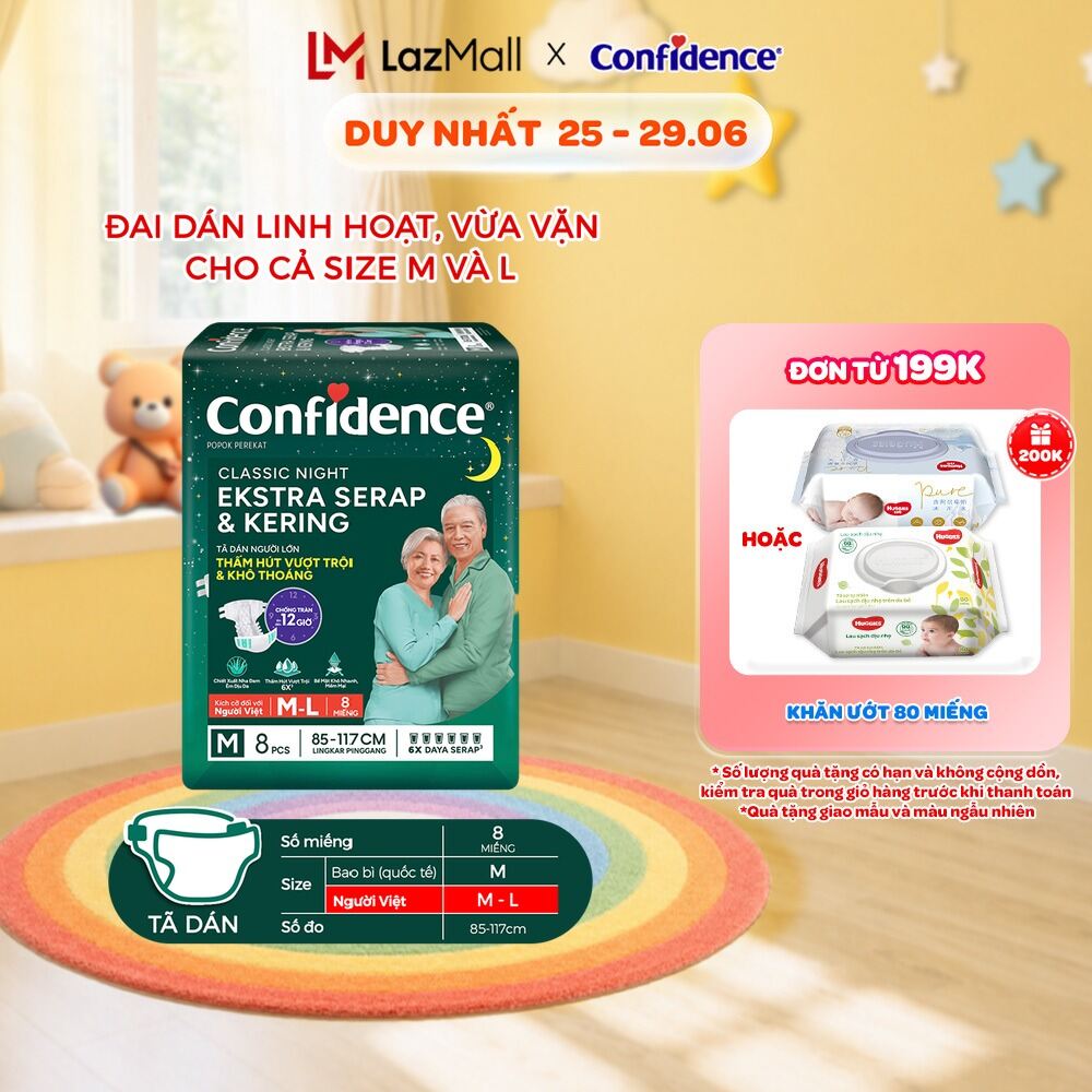 Tã dán người lớn Confidence Thấm Hút Vượt Trội  Khô Thoáng M-L 8M/L-XL 7M