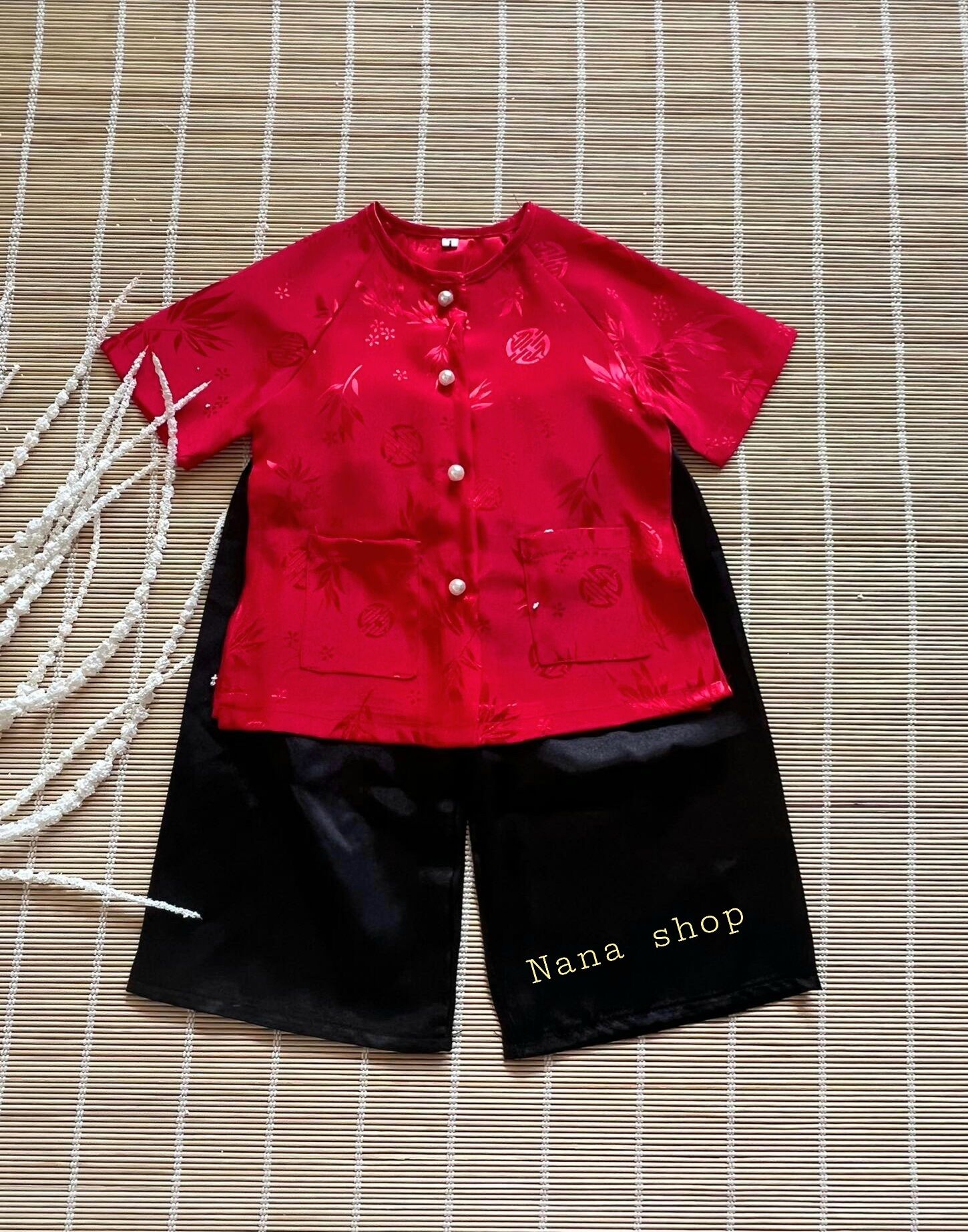 Bộ bà ba bé gái áo gấm lá tre quần phi lụa mềm mịn size 7 - 35ky