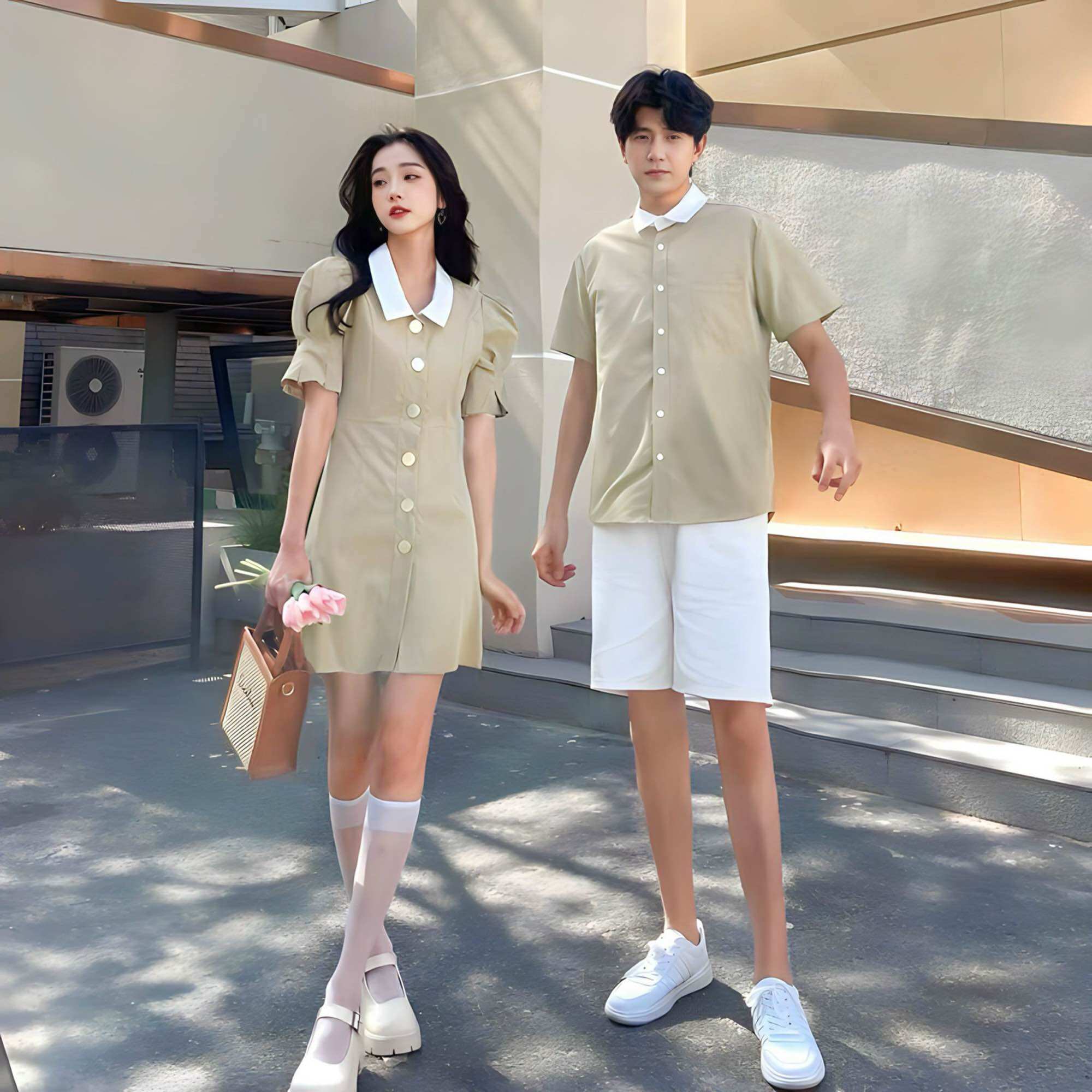 Set đồ đôi dáng xuông phối cổ trăắng