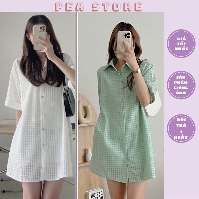 Váy sơ mi lưới 2 lớp dáng suông Pea Store - Váy sơ mi cổ đức lưới basic dễ mặc