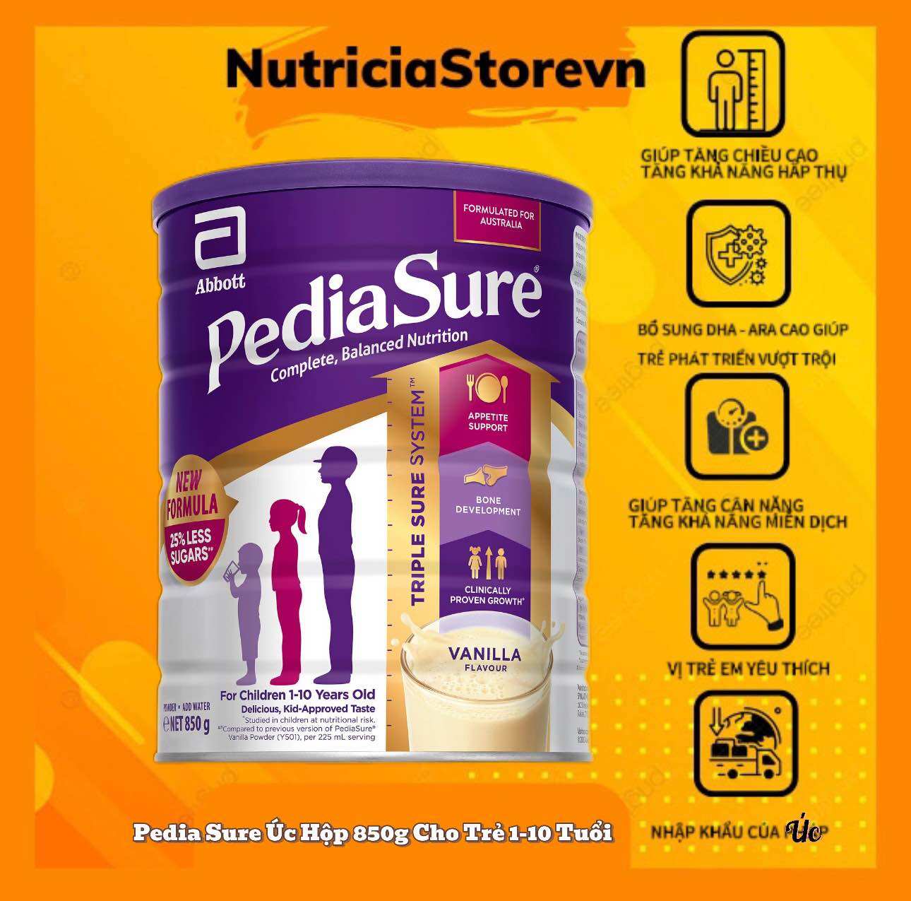 Sữa PediaSure Úc Nắp Tím 850G  cho trẻ từ 1-10 tuổi Giúp Tăng Chiều Cao, Tăng Cân Nặng Cho Bé