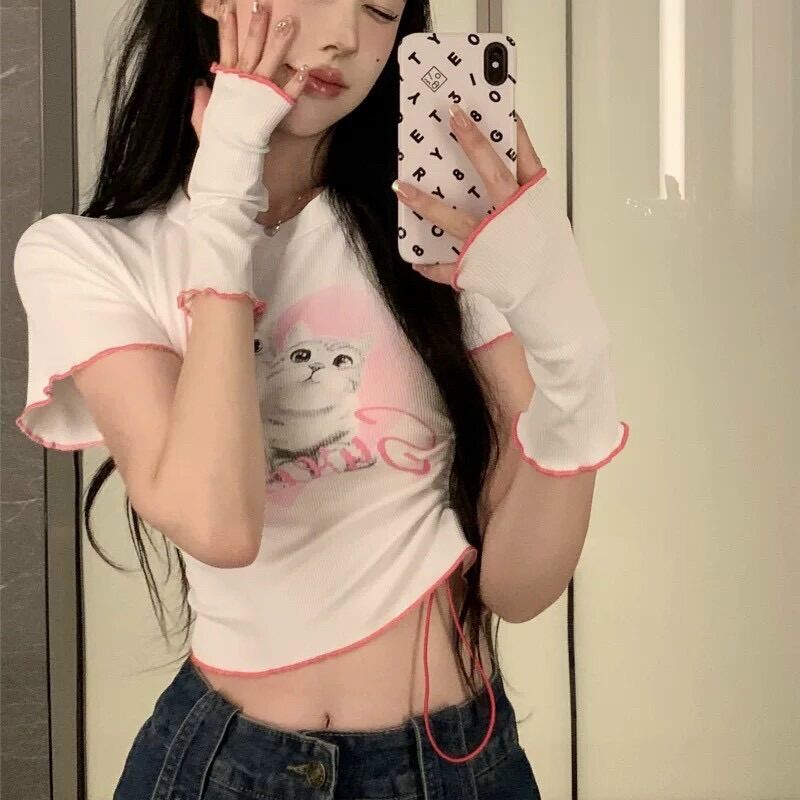 Áo croptop 2 chú mèo hồng BG
