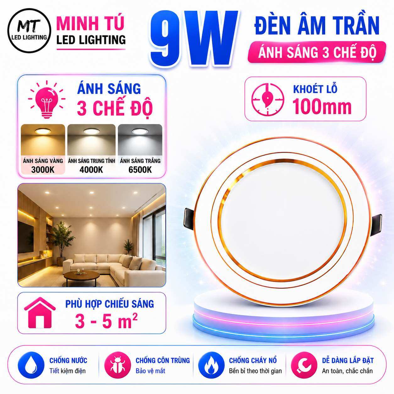 Đèn LED Âm Trần 7W/9W 3 Chế Độ Ánh Sáng - Đổi 3 Màu Trắng/Vàng/Trung Tính - Viền Bạc & Viền Vàng