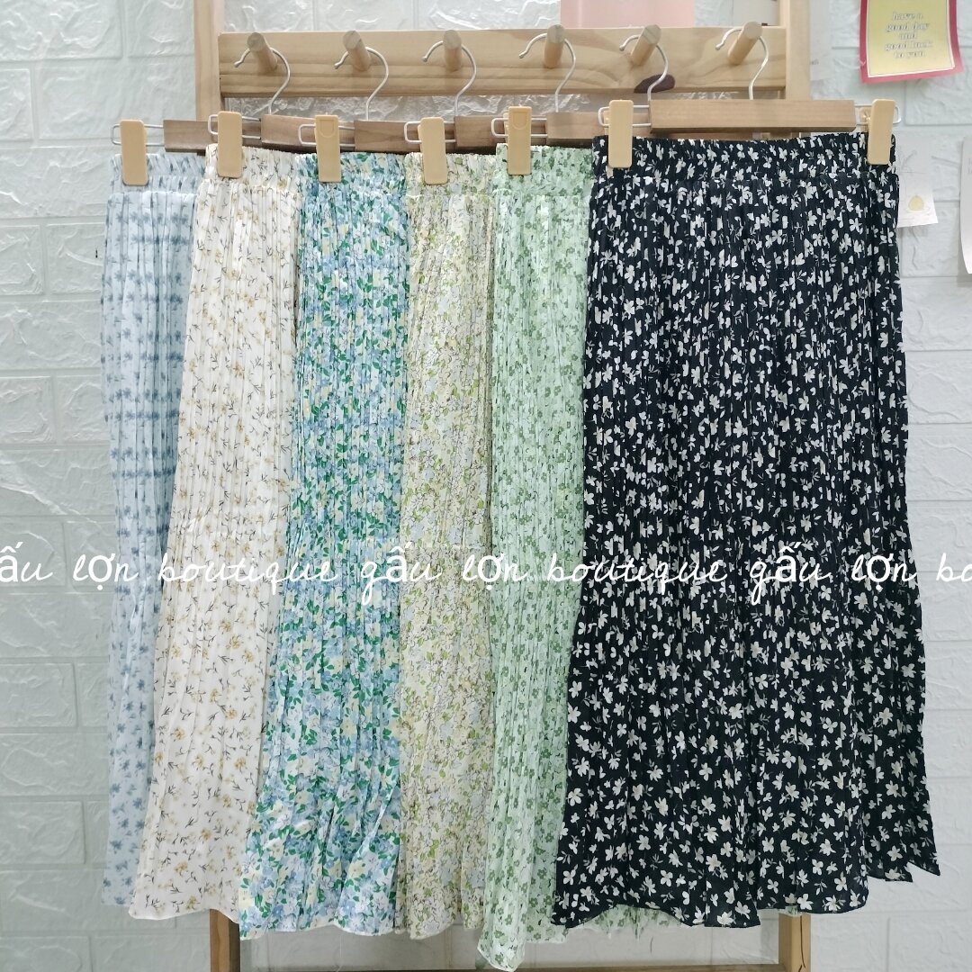 chân váy midi hoa nhí dập li ảnh thật