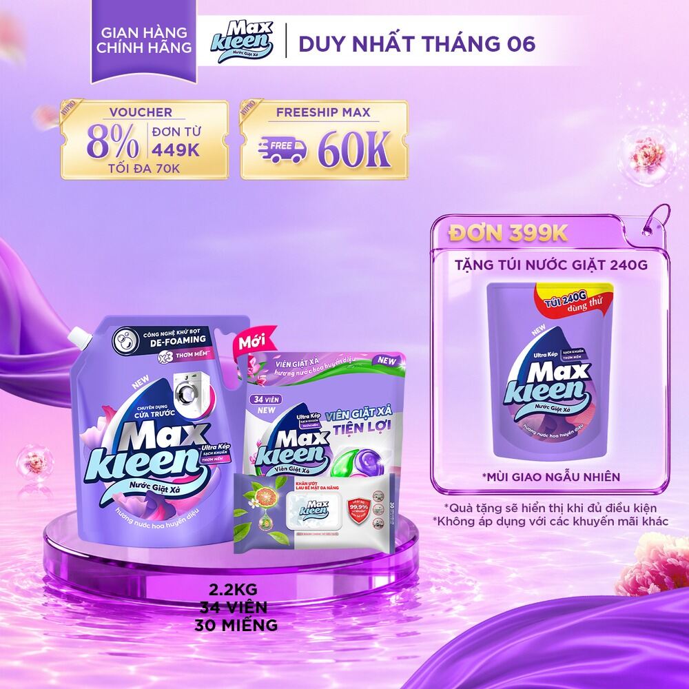 Combo Túi nước giặt cho máy giặt cửa trước Huyền Diệu 2.2kg + Túi viên hương Huyền Diệu 34 viên + Khăn ướt