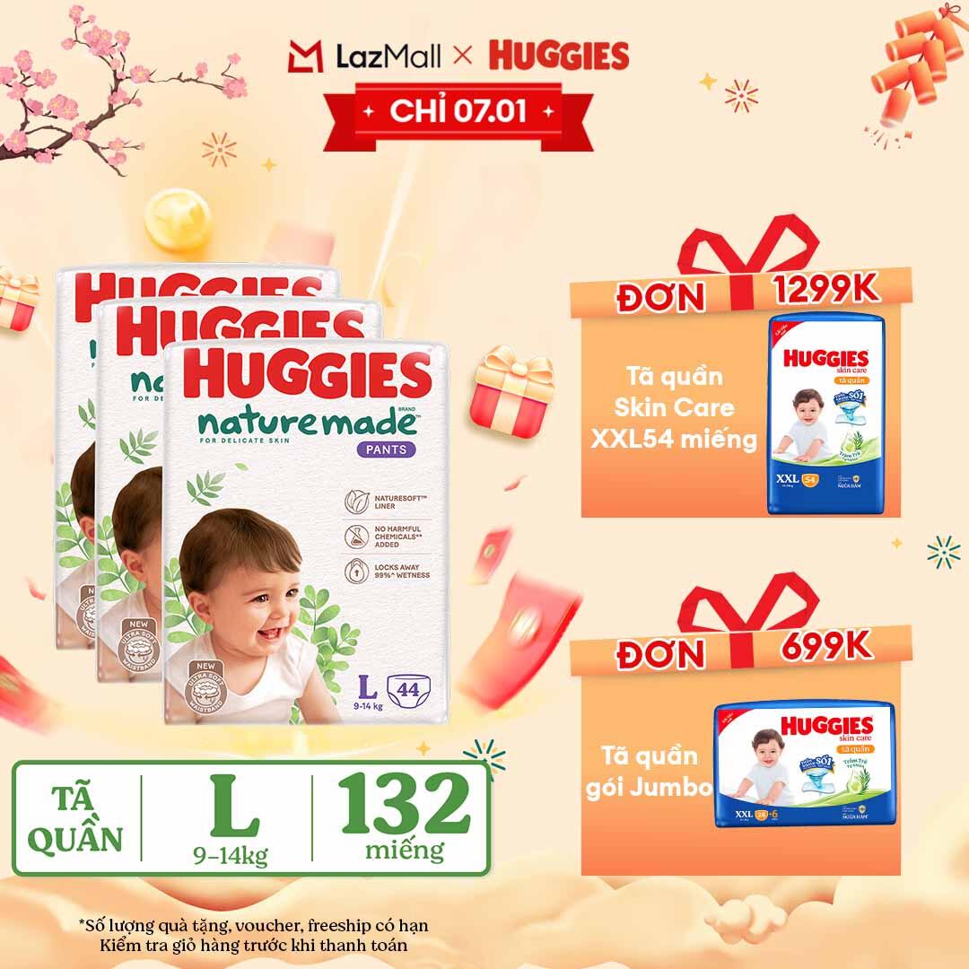 [CHỈ 15.01-10.02 QUÀ TẶNG ĐƠN 399K]  Combo 3 Tã/Bỉm quần HUGGIES PLATINUM NatureMade L44 (9-14kg)-Gói Jumbo 44 miếng