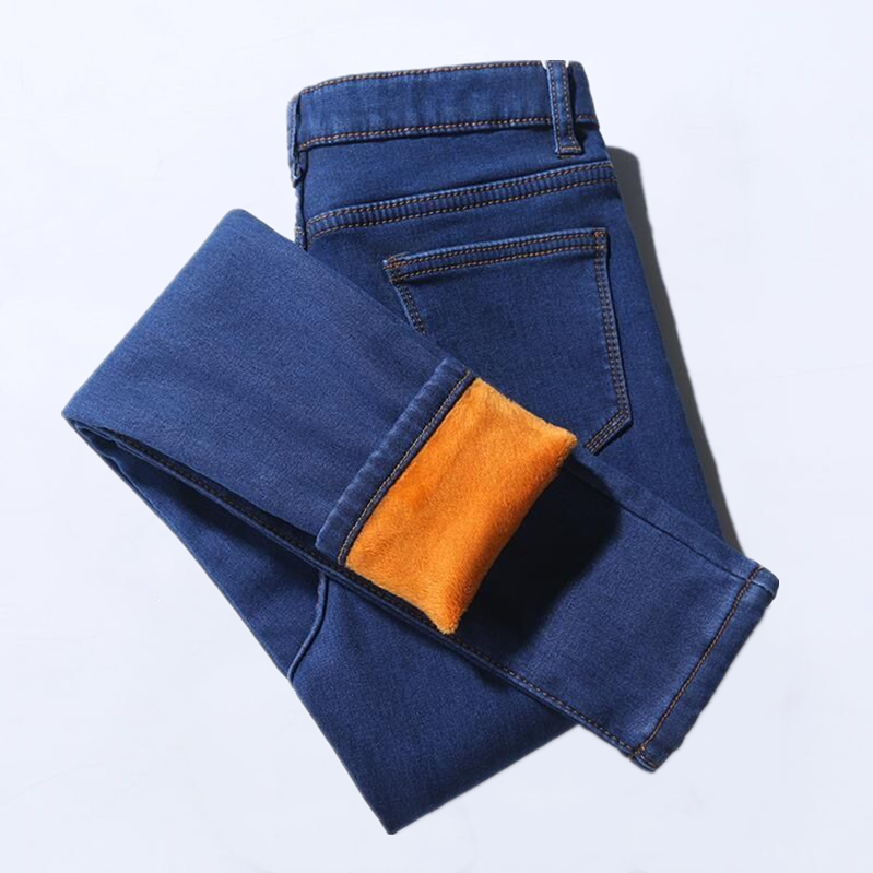 Nữ Cao Vòng Eo Dày Dặn Lông Cừu Denim Quần Jean Co Giãn Thon Gọn Mùa Đông Quần Bút Chì Áo Khoác Ngoài Ấm Áp Màu Xanh Đậm Dài Cotton, Vải Bông Co Giãn